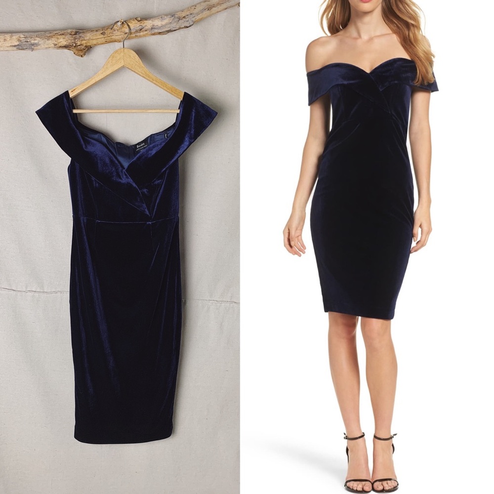 NWT BARDOT Bella Blue Velvet Off Shoulder Dress